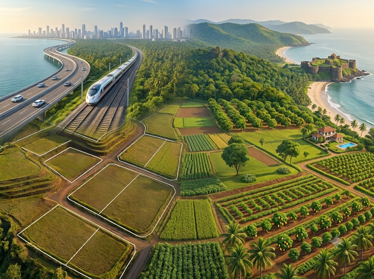 Aerial view of Mhasala, Raigad — planned road and rail connectivity, agricultural land, and coastal beach with fort